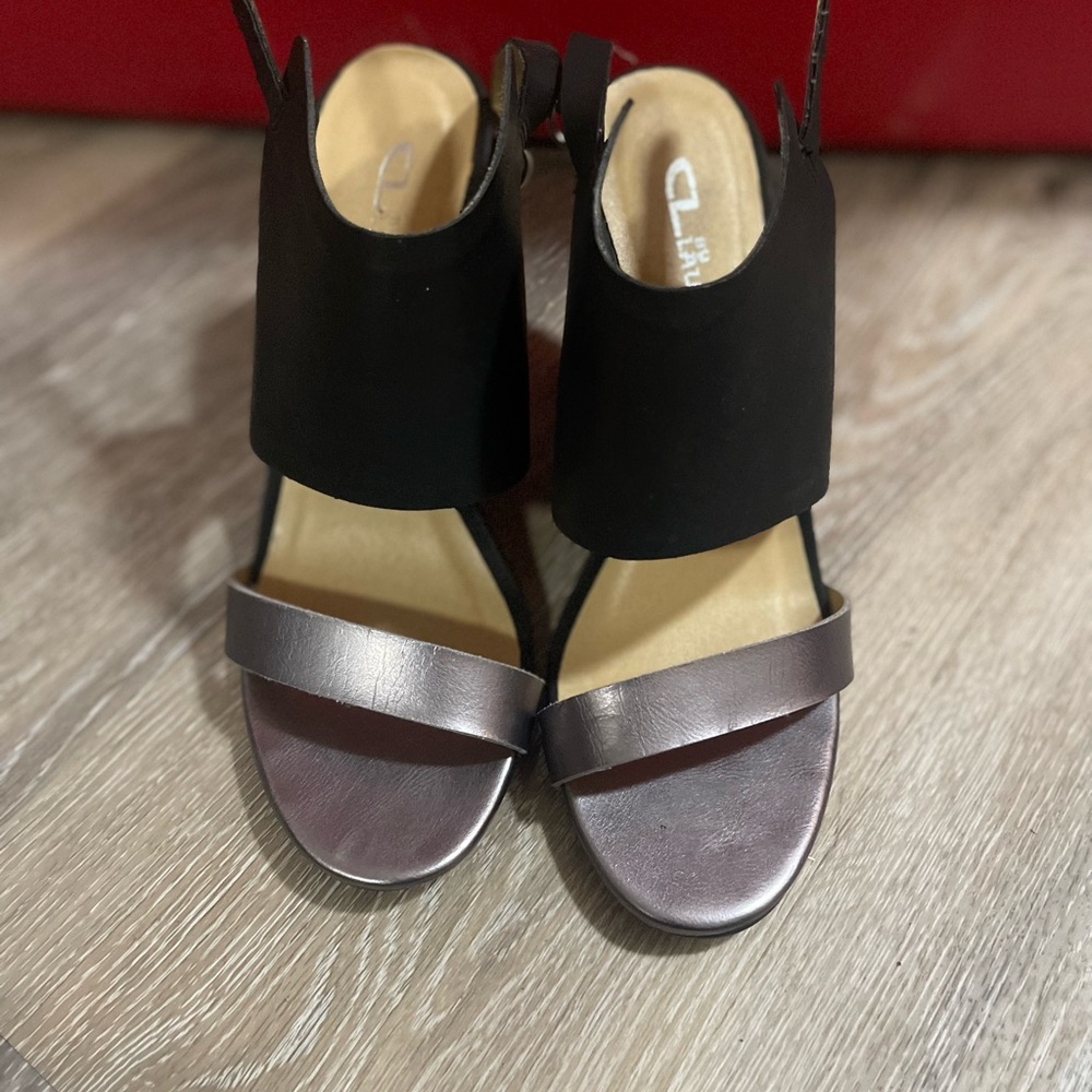 CL by Laundry Black and Metallic Brown Open-Toe Heels